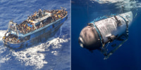 Left: Migrants crowd a vessel crossing the Mediterranean sea on June 14. Right: The OceanGate Titan submersible.