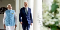 Image: President Joe Biden and India's Prime Minister Narendra Modi walk along the Colonnade to the Oval Office after a State Arrival Ceremony on the South Lawn of the White House on June 22, 2023.